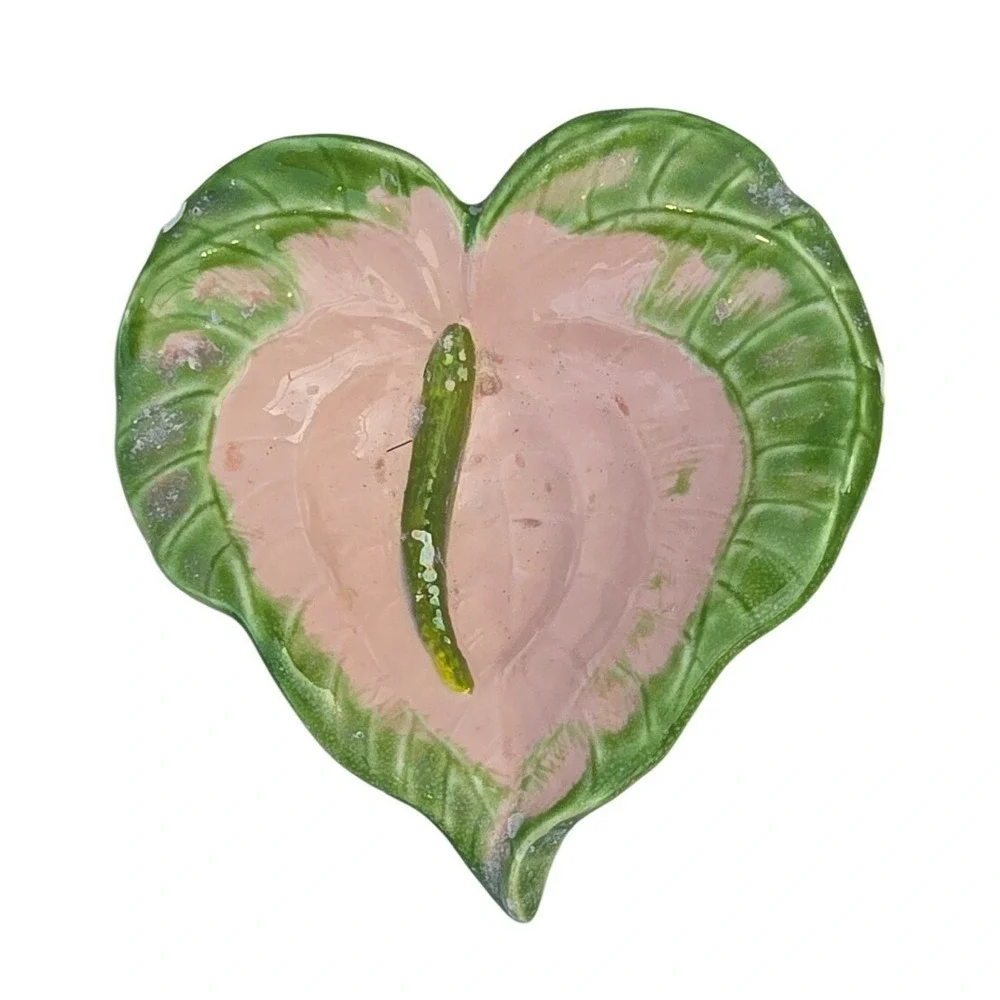 Vintage Anthurium Leaf Ceramic‎ Trinket Dish Pink Green Tropical Botanical Bowl